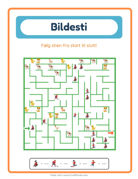 Forhåndsvisning av Bildevei-arbeidsark med Vinter for Barnehage (5-7 år)