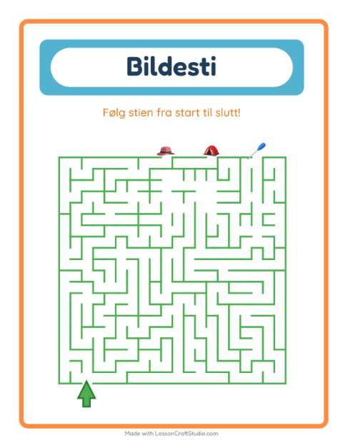 Forhåndsvisning av Bildevei-arbeidsark med Camping for Barnehage (5-7 år)