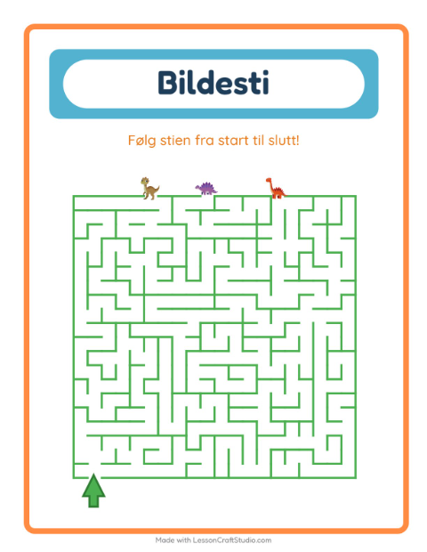 Forhåndsvisning av Bildevei-arbeidsark med Dinosaurer for Barnehage (5-7 år)