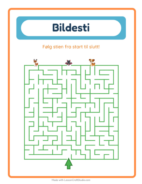 Forhåndsvisning av Bildevei-arbeidsark med Dyr for Barnehage (5-7 år)