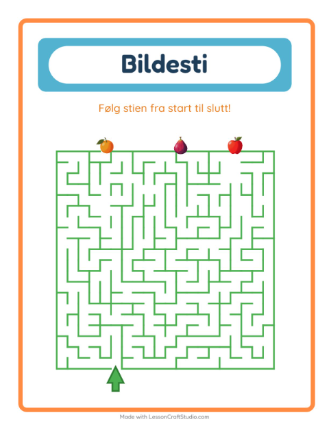 Forhåndsvisning av Bildevei-arbeidsark med Frukter for Barnehage (5-7 år)
