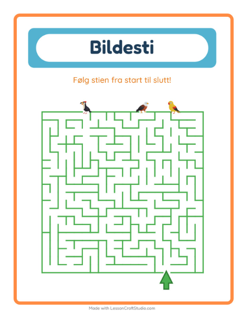 Forhåndsvisning av Bildevei-arbeidsark med Fugler for Barnehage (5-7 år)