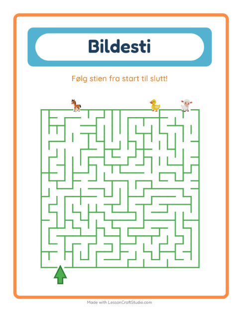 Forhåndsvisning av Bildevei-arbeidsark med Gårdsdyr for Barnehage (5-7 år)