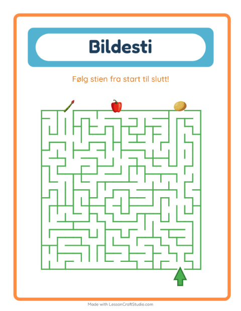 Forhåndsvisning av Bildevei-arbeidsark med Grønnsaker for Barnehage (5-7 år)