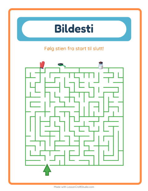 Forhåndsvisning av Bildevei-arbeidsark med Kjøkkenredskaper for Barnehage (5-7 år)