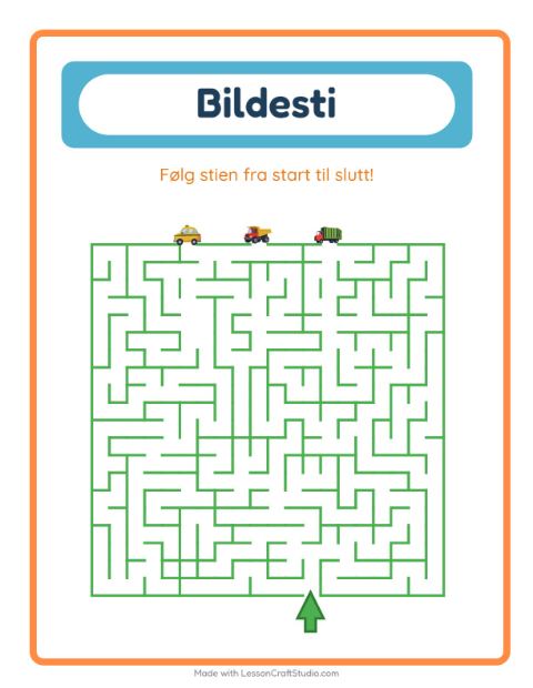 Forhåndsvisning av Bildevei-arbeidsark med Kjøretøy for Barnehage (5-7 år)