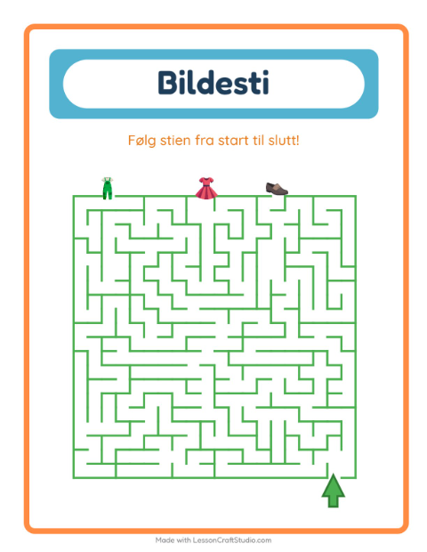 Forhåndsvisning av Bildevei-arbeidsark med Klær for Barnehage (5-7 år)