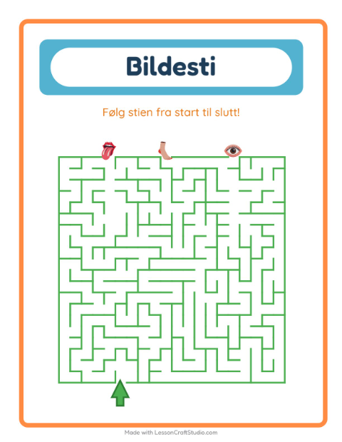 Forhåndsvisning av Bildevei-arbeidsark med Kroppsdeler for Barnehage (5-7 år)
