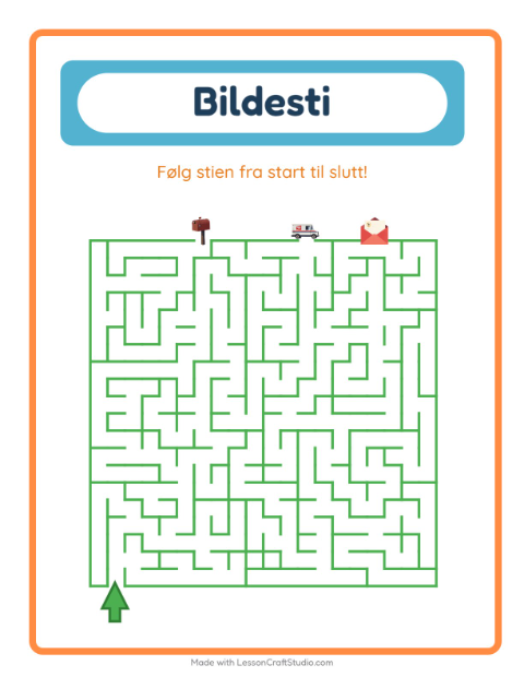 Forhåndsvisning av Bildevei-arbeidsark med Postkontor for Barnehage (5-7 år)