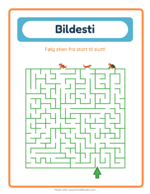 Forhåndsvisning av Bildevei-arbeidsark med Reptiler og amfibier for Barnehage (5-7 år)