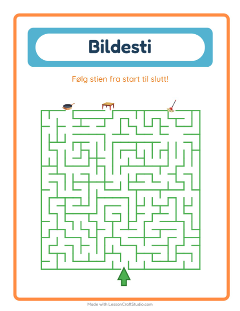 Forhåndsvisning av Bildevei-arbeidsark med Rundt i huset for Barnehage (5-7 år)