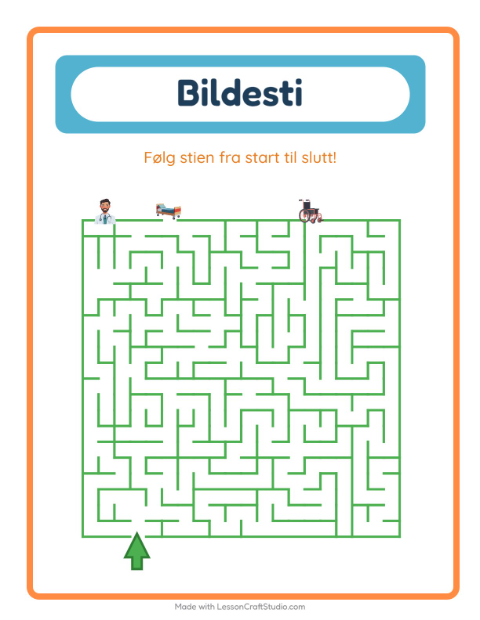 Forhåndsvisning av Bildevei-arbeidsark med Sykehus for Barnehage (5-7 år)