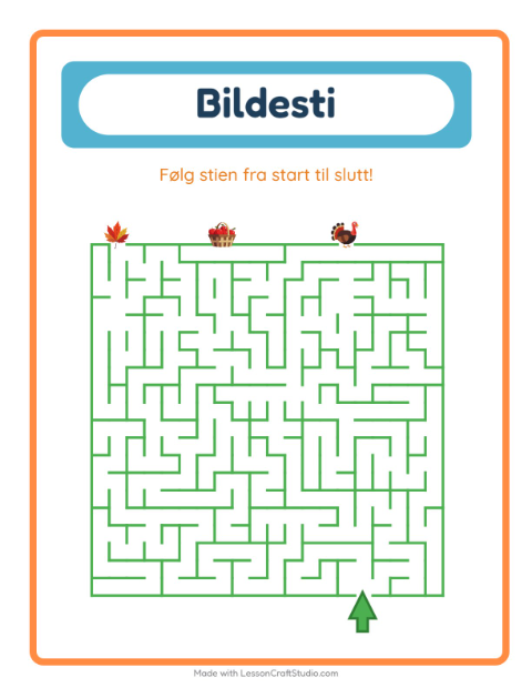 Forhåndsvisning av Bildevei-arbeidsark med Thanksgiving for Barnehage (5-7 år)