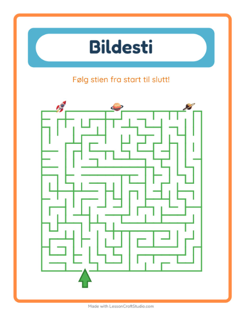 Forhåndsvisning av Bildevei-arbeidsark med Verdensrommet for Barnehage (5-7 år)