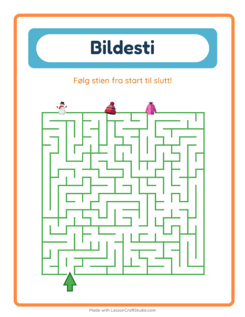 Forhåndsvisning av Bildevei-arbeidsark med Vinter for Barnehage (5-7 år)