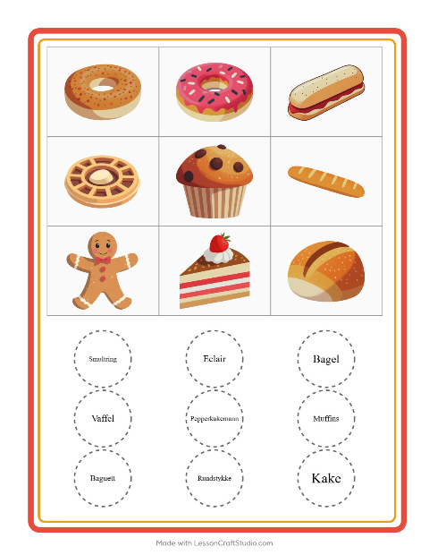 Forhåndsvisning av Bingo-arbeidsark med Bakeri for Barnehage (5-7 år)
