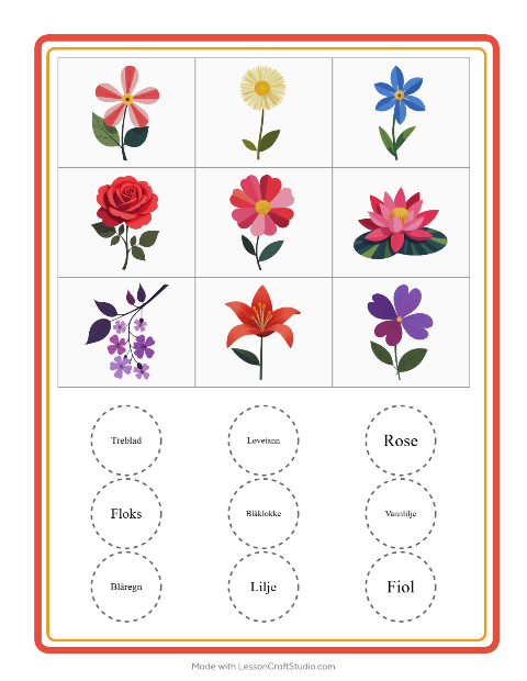 Forhåndsvisning av Bingo-arbeidsark med Blomster for Barnehage (5-7 år)