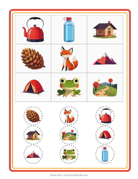 Forhåndsvisning av Bingo-arbeidsark med Camping for Barnehage (5-7 år)