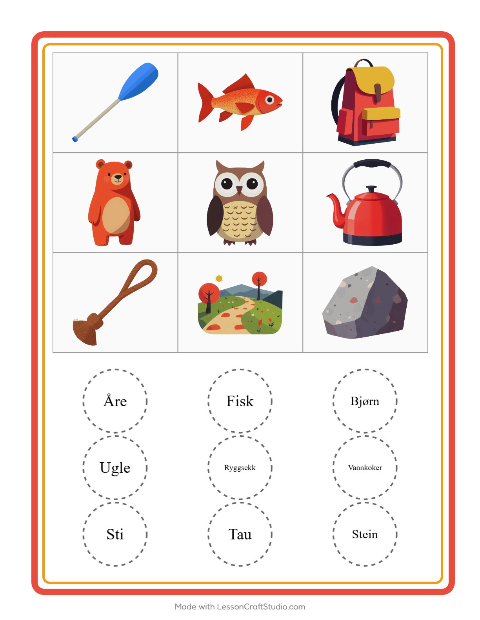 Forhåndsvisning av Bingo-arbeidsark med Camping for Barnehage (5-7 år)