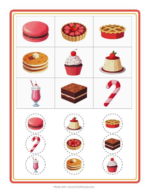 Forhåndsvisning av Bingo-arbeidsark med Desserter og godteri for Barnehage (5-7 år)