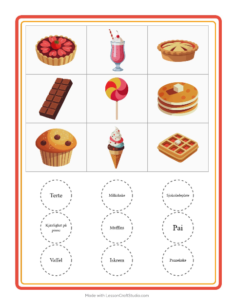 Forhåndsvisning av Bingo-arbeidsark med Desserter og godteri for Barnehage (5-7 år)