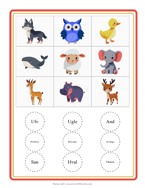 Forhåndsvisning av Bingo-arbeidsark med Dyr for Barnehage (5-7 år)