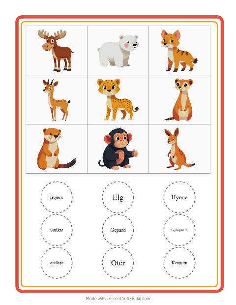 Forhåndsvisning av Bingo-arbeidsark med Dyrehagedyr for Barnehage (5-7 år)