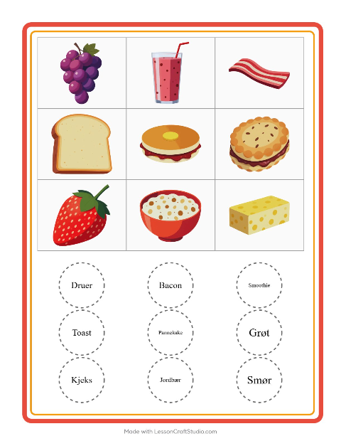 Forhåndsvisning av Bingo-arbeidsark med Frokost for Barnehage (5-7 år)