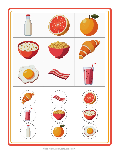 Forhåndsvisning av Bingo-arbeidsark med Frokost for Barnehage (5-7 år)