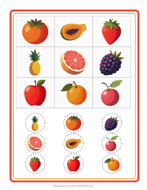 Forhåndsvisning av Bingo-arbeidsark med Frukter for Barnehage (5-7 år)