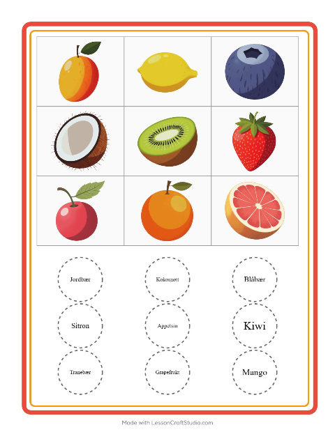 Forhåndsvisning av Bingo-arbeidsark med Frukter for Barnehage (5-7 år)