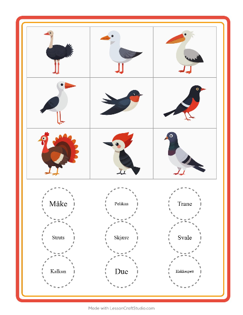 Forhåndsvisning av Bingo-arbeidsark med Fugler 2 for Barnehage (5-7 år)