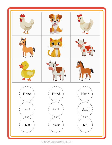 Forhåndsvisning av Bingo-arbeidsark med Gårdsdyr for Barnehage (5-7 år)