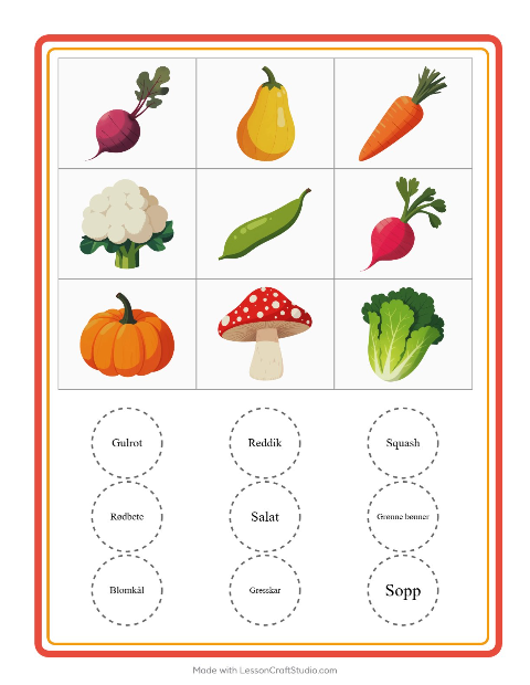 Forhåndsvisning av Bingo-arbeidsark med Grønnsaker for Barnehage (5-7 år)