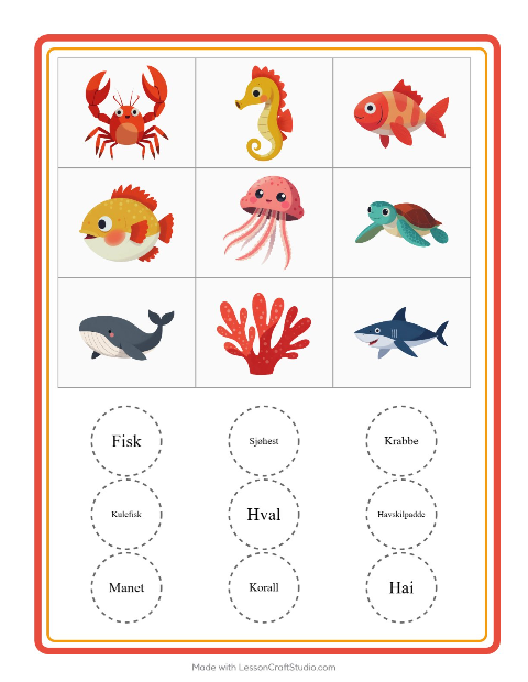 Forhåndsvisning av Bingo-arbeidsark med Havliv for Barnehage (5-7 år)
