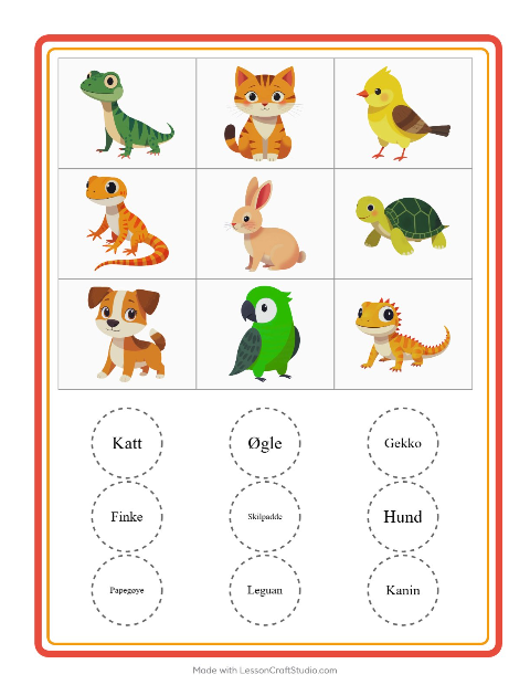 Forhåndsvisning av Bingo-arbeidsark med Kjæledyr for Barnehage (5-7 år)