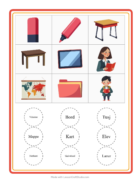 Forhåndsvisning av Bingo-arbeidsark med Klasserom for Barnehage (5-7 år)