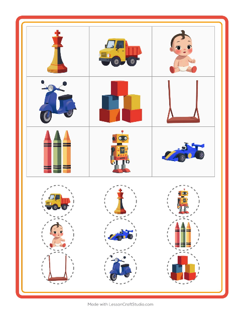 Forhåndsvisning av Bingo-arbeidsark med Leker for Barnehage (5-7 år)