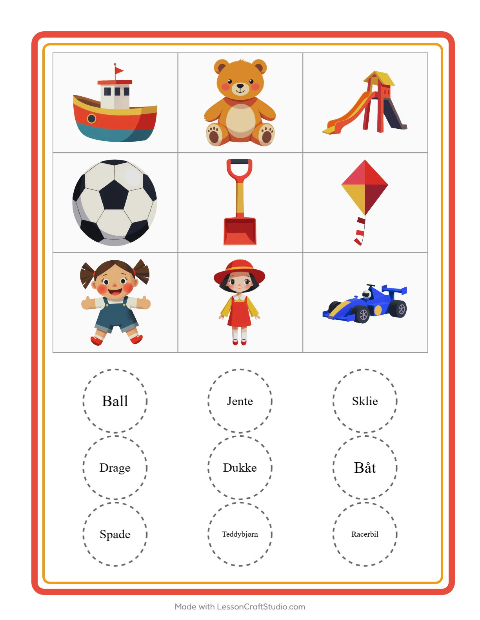 Forhåndsvisning av Bingo-arbeidsark med Leker for Barnehage (5-7 år)