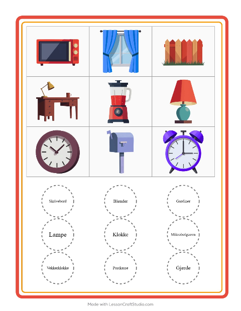 Forhåndsvisning av Bingo-arbeidsark med Rundt i huset for Barnehage (5-7 år)