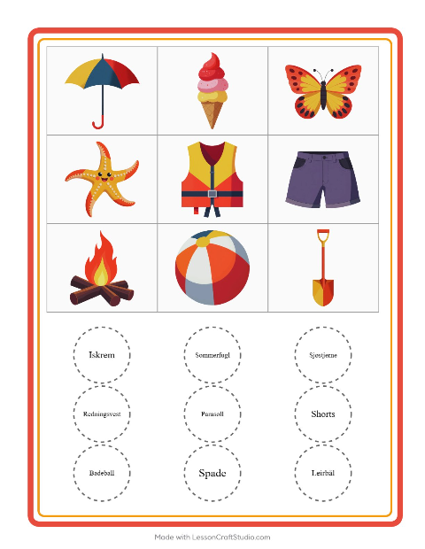 Forhåndsvisning av Bingo-arbeidsark med Sommer for Barnehage (5-7 år)