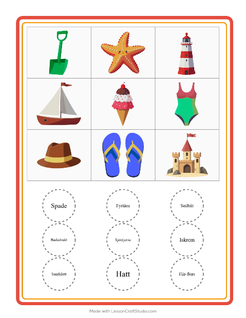Forhåndsvisning av Bingo-arbeidsark med Strand for Barnehage (5-7 år)
