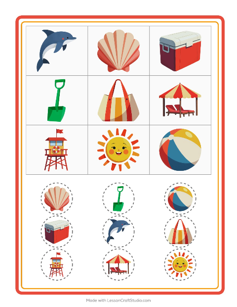 Forhåndsvisning av Bingo-arbeidsark med Strand for Barnehage (5-7 år)