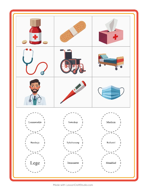 Forhåndsvisning av Bingo-arbeidsark med Sykehus for Barnehage (5-7 år)