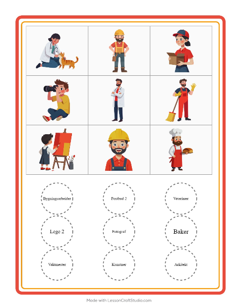 Forhåndsvisning av Bingo-arbeidsark med Yrker for Barnehage (5-7 år)