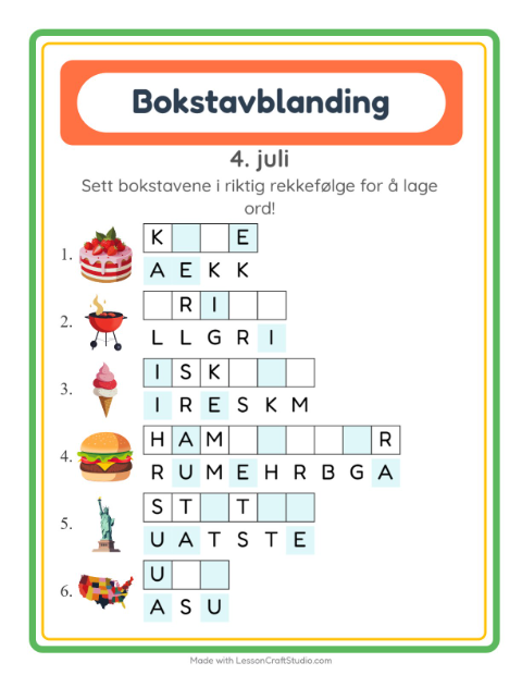 Forhåndsvisning av Bokstavspill-arbeidsark med 4. juli for 1. trinn