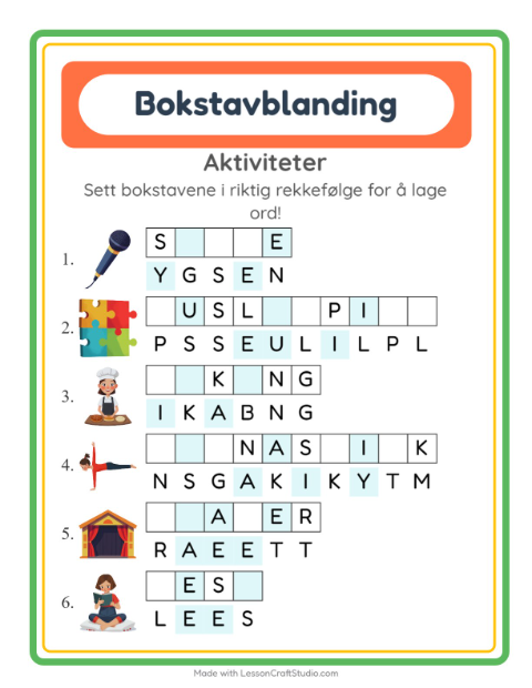 Forhåndsvisning av Bokstavspill-arbeidsark med Aktiviteter for 1. trinn
