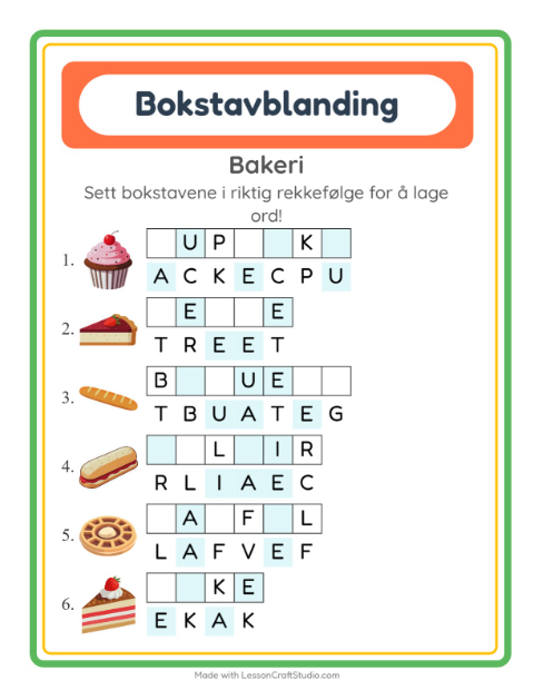 Forhåndsvisning av Bokstavspill-arbeidsark med Bakeri for 1. trinn