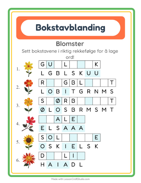 Forhåndsvisning av Bokstavspill-arbeidsark med Blomster for 1. trinn