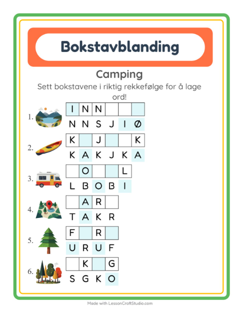 Forhåndsvisning av Bokstavspill-arbeidsark med Camping for 1. trinn